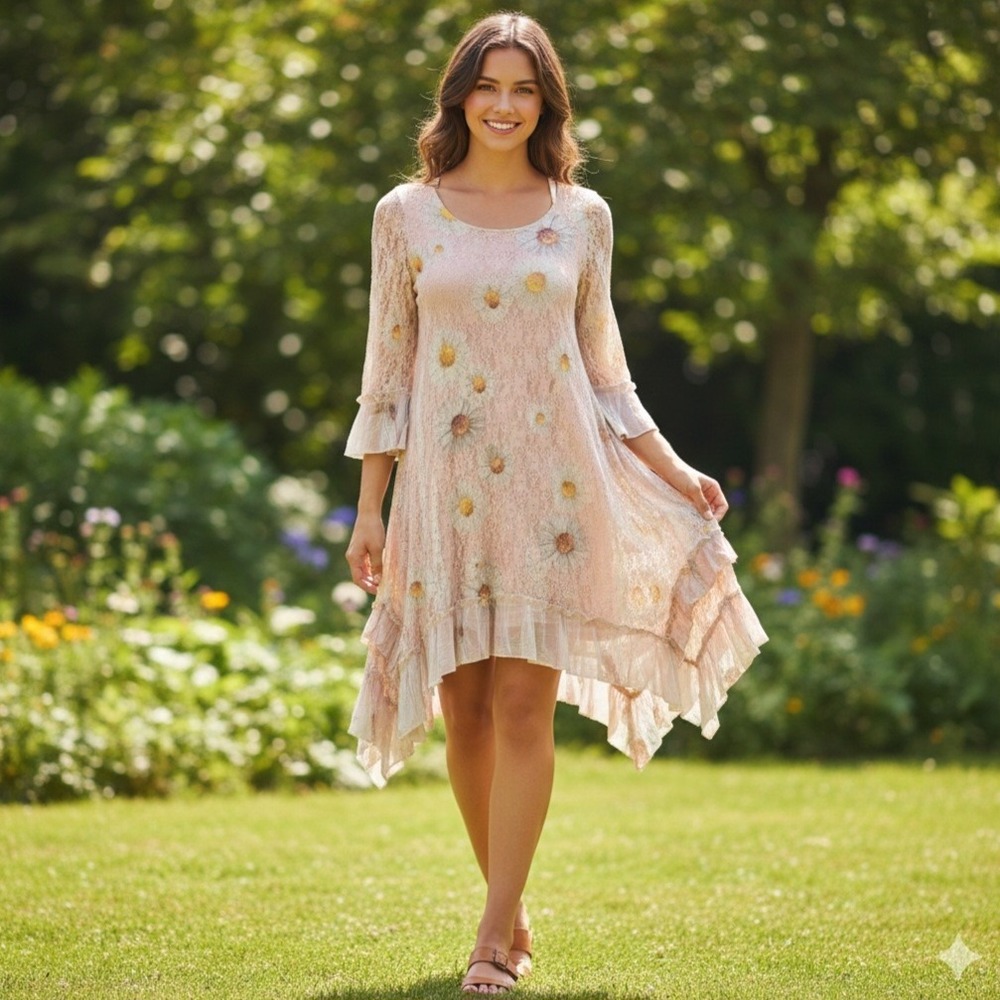 Origami By Vivien Tunic-Mini Dress Floral‎ Daisies Small 3/4 Bell Sleeves